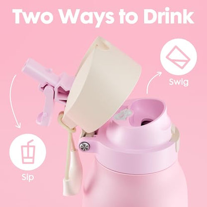 Meoky 24 oz Stainless Steel Slim Water Bottle: Leak Proof Locking Lid, 2-in-1 Straw and Spout, 24 Hours Cold, Top Handle, Fits in Car Cup Holder, Insulated Water Bottle for Backpack, Blush - color: Blush