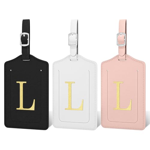 Initial Luggage Tags for Suitcases, 3 Pack TSA Approved Easy to Identify Leather Letter L Travel Tags for Luggage, Travel Essentials Bag Tag Suitcase Identifiers, Cute Hot Stamped Monogram - color: Initial-l