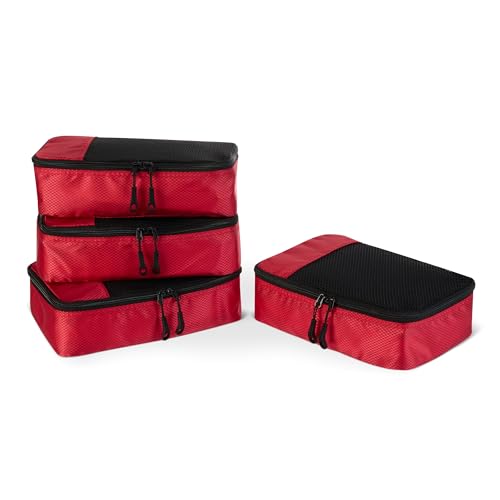 Amazon Essentials 4-Piece Space-Saving Packing Cubes Travel Accessories Set, Luggage Organizer with Double Zipper, Mesh Top, Small, Red (Previously Amazon Basics) - color: Red, size: 4 x Small