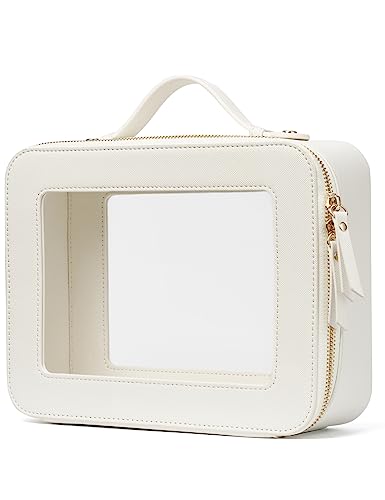 Popvibe Clear Makeup Case White Toiletry Bag Travel Large Clear Cosmetic Bag with Zipper, Big Make Up Bag Organizer Women Traveling TSA Approved Transparent Bag Car for Essentials - color: White, style: Large Luxe