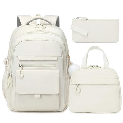 GeeWin Backpacks for Girls, Girls Backpack with Lunch Box & Pencil Case Set, 17 Inch Waterproof Girl Bookbag with Lots of Pockets for Kids, Teens, Elementary Middle High College School Student(Beige) - color: Beige