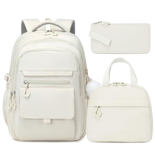 GeeWin Backpacks for Girls, Girls Backpack with Lunch Box & Pencil Case Set, 17 Inch Waterproof Girl Bookbag with Lots of Pockets for Kids, Teens, Elementary Middle High College School Student(Beige) - color: Beige