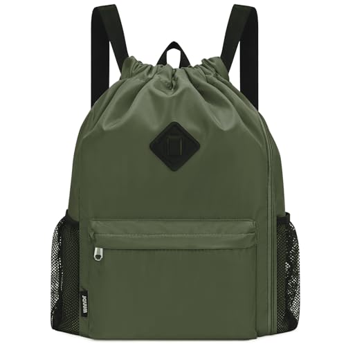 WANDF Drawstring Backpack Sports Gym Bag with Shoes Compartment, Water-Resistant String Backpack Cinch for Women Men (Large,Dark green) - color: A-large Dark Green, size: Large