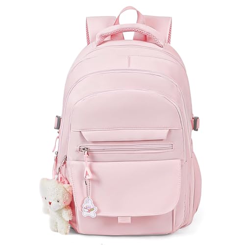 PRLINJSK Girls Backpack for College High Middle School Student, Cute Aesthetic Bookbag for Teens Women with Accessories,Pink - color: Pink, size: 18.5 Inch