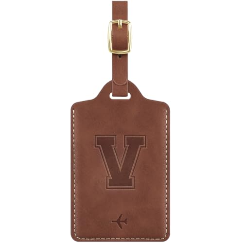 Luggage Tags for Suitcase Embossed Personalized Initial Letter V Travel Tags with 3 Replaceable Name Cards Leather Privacy Bag Tags Travel Essentials Backpack Tags for Women and Men, Brown V - color: Brown, size: V