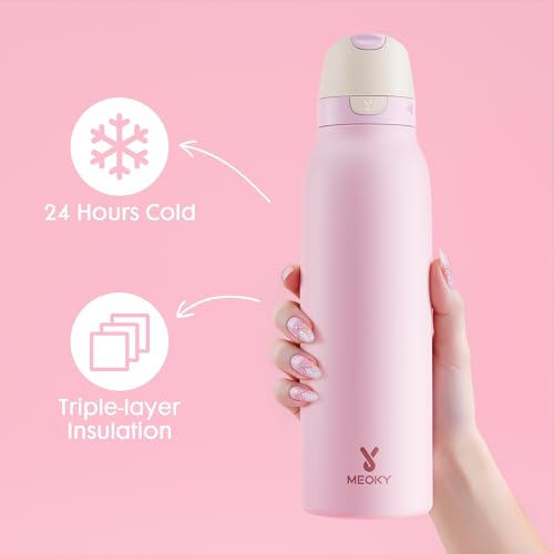 Meoky 24 oz Stainless Steel Slim Water Bottle: Leak Proof Locking Lid, 2-in-1 Straw and Spout, 24 Hours Cold, Top Handle, Fits in Car Cup Holder, Insulated Water Bottle for Backpack, Blush - color: Blush