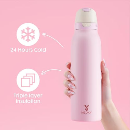 Meoky 24 oz Stainless Steel Slim Water Bottle: Leak Proof Locking Lid, 2-in-1 Straw and Spout, 24 Hours Cold, Top Handle, Fits in Car Cup Holder, Insulated Water Bottle for Backpack, Blush - color: Blush