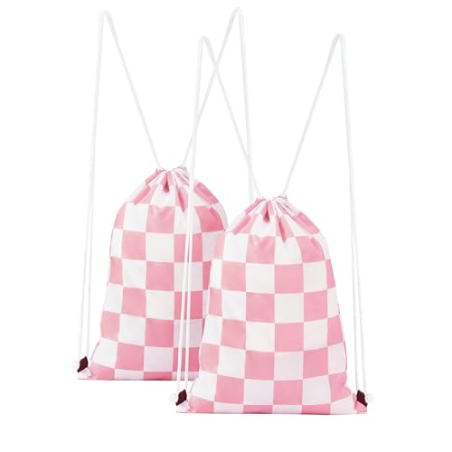 Ohocut Pink Checkered Drawstring Backpack 2 Pack Cute Vintage Pink Checkerboard Drawstring Bags Bulk Gym Sackpack Waterproof - color: Pink