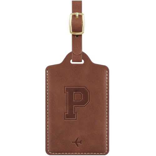 Luggage Tags for Suitcase Embossed Personalized Initial Letter P Travel Tags with 3 Replaceable Name Cards Leather Privacy Bag Tags Travel Essentials Backpack Tags for Women and Men, Brown P - color: Brown, size: P