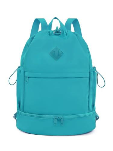 RHDZO Drawstring Gym Backpack with Shoe Compartment and Wet Pocket, Teal - color: Teal