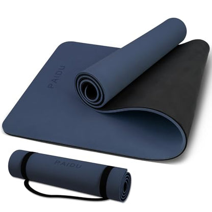 PAIDU Yoga Mat Non Slip Anti-tear,extra thick-2/5 inch（10MM）High Resiliency Professional POE Yoga Mats for Women Men Kids,72"x24"inch,Workout, Yoga, Pilates and Floor Exercise, with Carrier Strap - color: Navy blue & Black