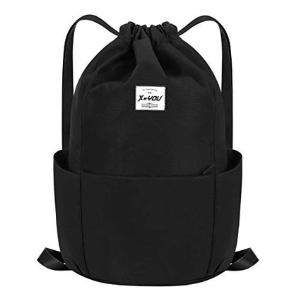 XEYOU Drawstring Sports Backpack Lightweight Gym Yoga Sackpack Shoulder Rucksack Casual Outdoor Daypack for Women and Men | Lightweight - color: Black