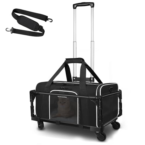 Petskd Small Pet Carrier with Wheels (17" L x 11" W x 9.5" H), Alaska Airlines Approved, Rolling Pet Carrier for Small Dogs & Cats (Black) - color: Black and Wheeled, size: 17.0"L x 11.0"W x 9.5"H