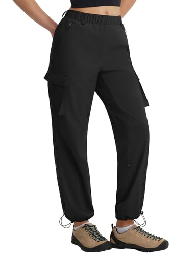 baleaf Women's Hiking Pants Lightweight Water Resistant Quick Dry Cargo Trail Pants with Zippered Pockets Summer SPF - color: Black, size: X-Large