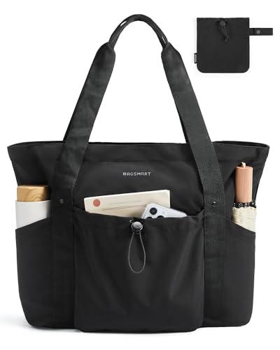 BAGSMART Foldable Tote Bag with Drawstring Bag, Tote Bag Shoulder Bag Top Handle Handbag for Travel, Work, Beach, Gym - color: Foldable-black, size: One Size