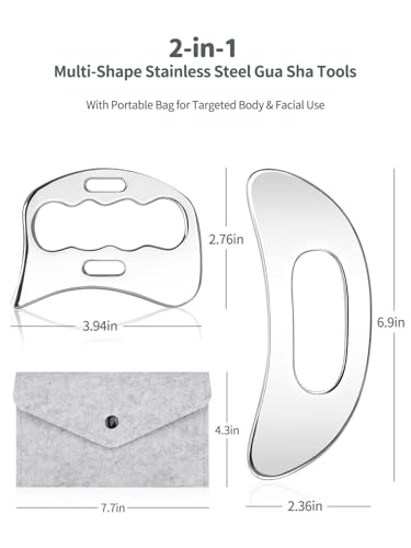 2-in-1 Stainless Steel Gua Sha Massage Tool Set, Muscle Scraper & IASTM Tools for Soft Tissue Mobilization, Myofascial Release, Body Skin Massage, Physical Therapy Sore Muscle Relief with Travel Pouch