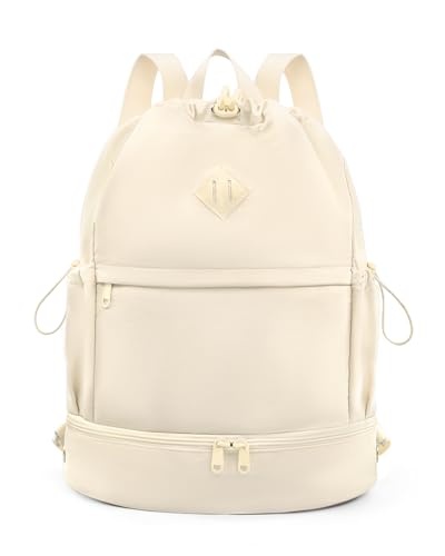 RHDZO Drawstring Backpack Sports Gym Bag with Shoe Compartment and Wet Pocket String Swim Bag for Women Men Beach Backpack, Beige - color: Beige