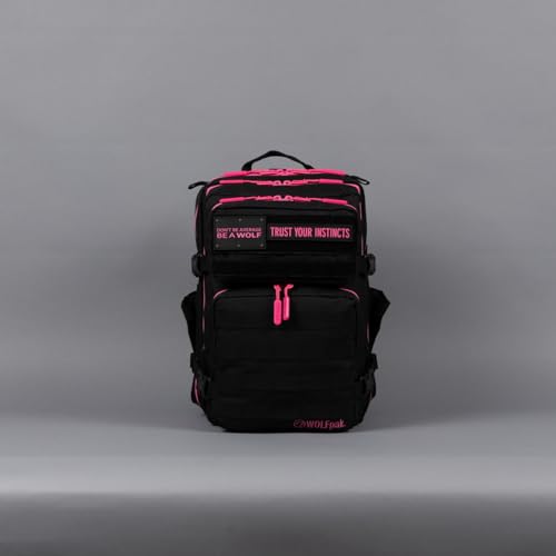 WOLFpak 25L Athletic Gym Backpack (Black Neon Pink) Durable 1000D Waterproof Oxford Material with MOLLE Webbing, Laptop Pocket & Dual Cup Holders - color: Pink Neon