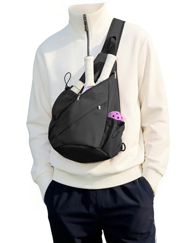 SEAFEW Black Pickleball Crossbody Sling Bag - Men's & Women's Pickleball Sports Backpack with Water Bottle Holder, Adjustable Pickleball - color: A1-black