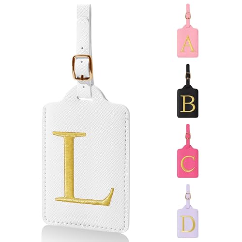 Personalized Initial Luggage Tags for Suitcases,Leather Letter Cute Luggage Tags with Privacy Name Card,Embroidered Monogrammed Travel Bag Backpack Tag Gifts for Women Kids Girls Teens(White-L) - color: White, size: L