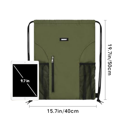 WANDF Drawstring Backpack Sports Gym Sackpack with Mesh Pockets Water Resistant String Bag for Women Men (Dark Green) - color: Green