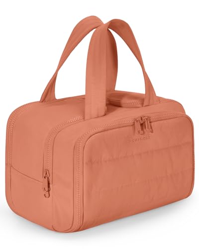 BAGSMART Travel Toiletry Bag, Crush Toiletry Bag for Women, Wide-open Puffy Toiletry Bags for Traveling, Large Travel Cosmetic Makeup Bag Organizer for Accessories,Toiletrie (Orange) - color: Orange