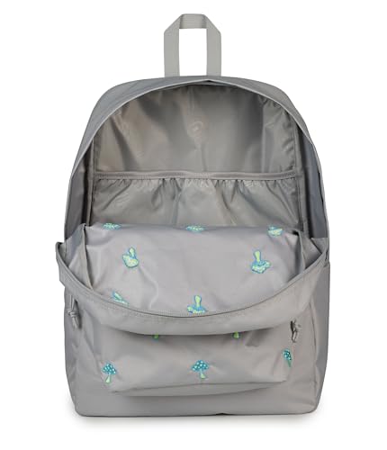 JanSport Superbreak Plus FX Backpack - Work, Travel, or Laptop Bag with Water Bottle Pocket, Superbreak Plus Fx, Embroidered Shrooms Md Grey/E Azul/Bratty - color: Embroidered Shrooms Md Grey/E Azul/Bratty