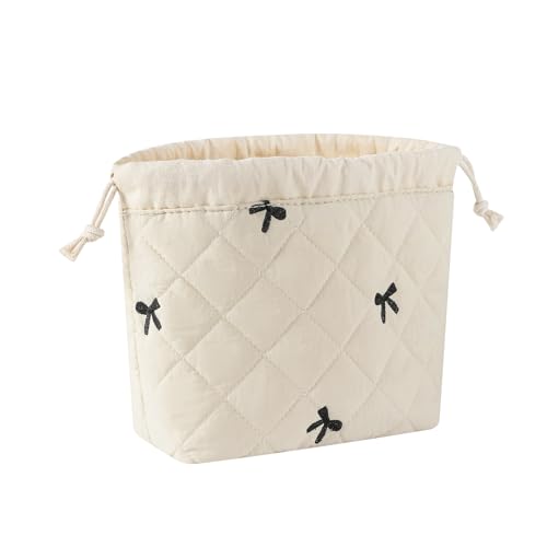 3pcs Large Cotton Quilted Makeup Bag Set,Coquette Aesthetic Cute Travel Toiletry Bag,Drawstring Gift Bag for Women and Girls(3Pcs Beige Bow) - color: 3Pcs Beige Bow
