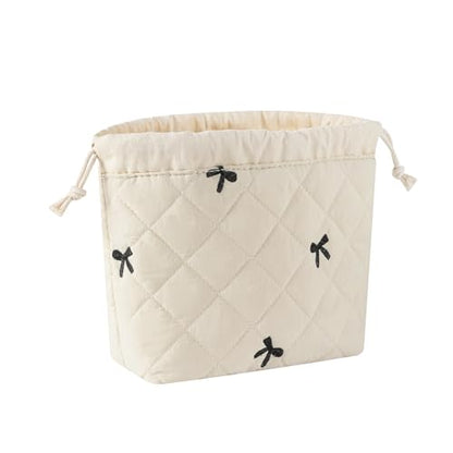 3pcs Large Cotton Quilted Makeup Bag Set,Coquette Aesthetic Cute Travel Toiletry Bag,Drawstring Gift Bag for Women and Girls(3Pcs Beige Bow) - color: 3Pcs Beige Bow