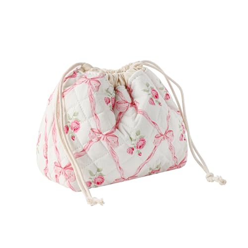 uekeboag Cotton Quilted Drawstring Makeup Bag with Canvas Lining,Coquette Aesthetic Cute Travel Toiletry Bag,Drawstring Gift Bag for Women and Girls（03Pink Bows） - color: 03Pink Bows