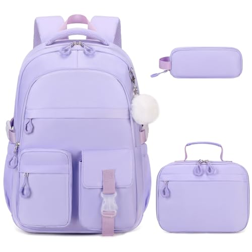DIGOBAY 3PCS Girls Backpack for School, Kids Backpack for Girls with Lunch Bag Pencil Case, Kids Bookbag Teen Girl Backpacks for Elementary Middle High College School (Purple) - color: Purple
