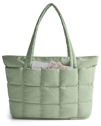 BAGSMART Expandable Tote Bag for Women, Puffer Work Tote Handbag, Quilted Carry On Bag for Travel Gym - color: Green, size: Large