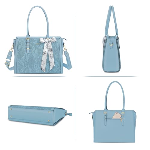 MOSISO Laptop Bag for Women, 17-17.3 inch PU Leather Tote Bag Compatible with MacBook, HP, Dell, Asus Notebook, Front Embossed Retro Hibiscus Computer Bags with Silk Scarf&Clutch Purse, Air Blue - color: Air Blue, size: 17.3 inch
