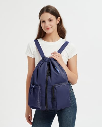 WANDF Drawstring Backpack Sports Gym Bag with Shoes Compartment, Water-Resistant String Beach Sackpack Swim Bag for Women and Men (Navy Blue) - color: Navy Blue
