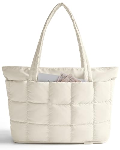 BAGSMART Expandable Tote Bag for Women, Puffer Work Tote Handbag, Quilted Carry On Bag for Travel Gym - color: Cream, size: Large