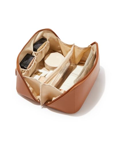 EACHY Travel Makeup Bag, Large Capacity Cosmetic Bag for Women, Waterproof PU Leather, Flat Open Portable Toiletry Bag for Skincare, Brushes & Travel Essentials - color: AA-Brown, size: Medium