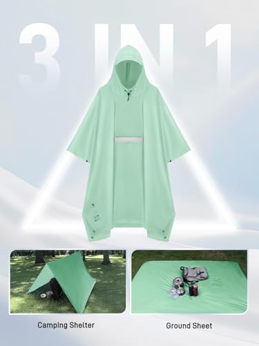 SaphiRose Extra Thick Hooded Rain Poncho Double Layer Waterproof Raincoat Jacket for Men Women Adults - color: Sage Green