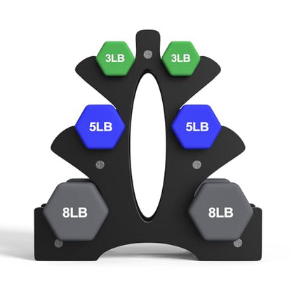 Portzon Weights Dumbbells Set 3, 5, 8, and 10 Pound Neoprene Dumbbell Free Hand Weight Set with Rack, Ideal for Home Exercises, 32 LB, Anti-Slip, Anti-roll, Hex Shape - color: Dark Green+Dark Blue+Black