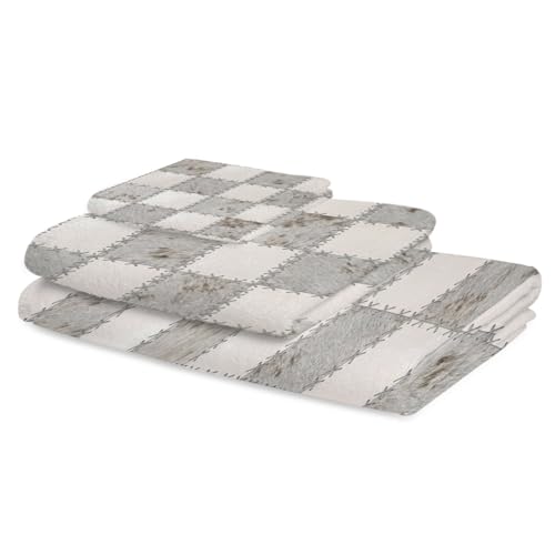 Cream Gray Checkered Bath Towels Set of 3 for Bathroom,Soft Absorbent Shower Beach Hand Face Hair Yoga Workout Gym Towel Dish Wahcloth,Modern Farmhouse Plaid Fur Texture Quick Dry Bath Towels+Set - color: White, Off-white, Grey