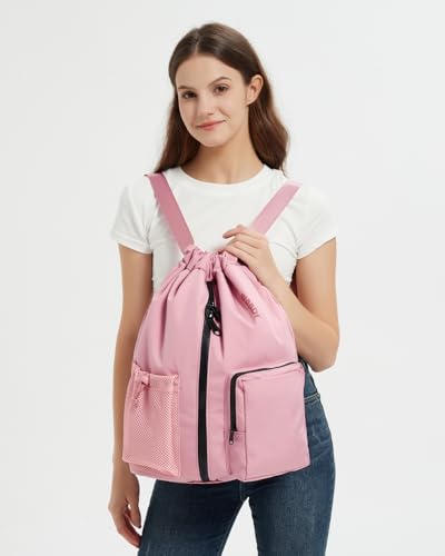WANDF Drawstring Backpack Sports Gym Bag with Shoes Compartment, Water-Resistant String Beach Sackpack Swim Bag for Women and Men (Pink) | with Shoes Compartment - color: Pink