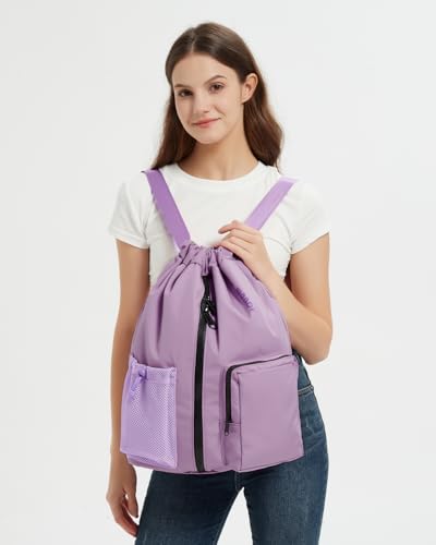 WANDF Drawstring Backpack Sports Gym Bag with Shoes Compartment, Water-Resistant String Beach Sackpack Swim Bag for Women and Men (Lilac Purple) | with Shoes Compartment - color: Lilac Purple