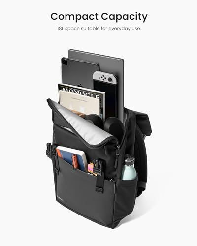 tomtoc Flap Laptop Backpack, Lightweight, Water-Resistant College Travel Casual Daypack, Slim Durable Work-pack Rucksack for 13-16 Inch MacBook Laptop, Large Capacity, 18L, Black