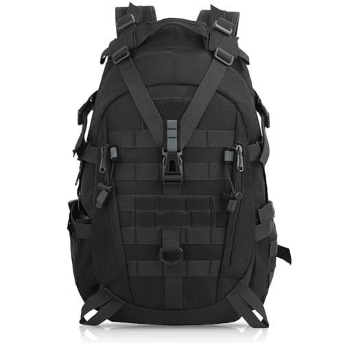 aiGear 25L Tactical Backpack, MOLLE Hiking Daypack, Black | 600D Oxford water-resistant daypack with MOLLE webbing, multi-layer storage and padded straps for hiking and camping. - color: Black, size: 25L
