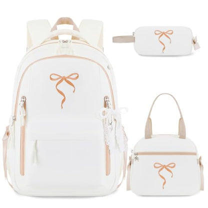 Kids Backpack for Girls - 3PCS Cute Embroidered Bow Girls Backpack with Insulated Lunch Bag & Pencil Case - Bookbag for Teen Women Middle High School College Work Travel Daypack - color: Beige Khaki