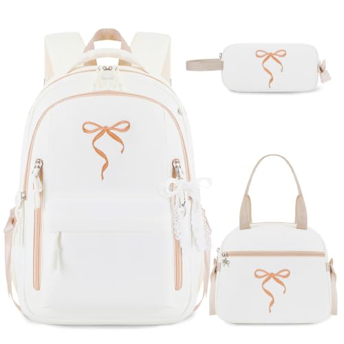 Kids Backpack for Girls - 3PCS Cute Embroidered Bow Girls Backpack with Insulated Lunch Bag & Pencil Case - Bookbag for Teen Women Middle High School College Work Travel Daypack - color: Beige Khaki