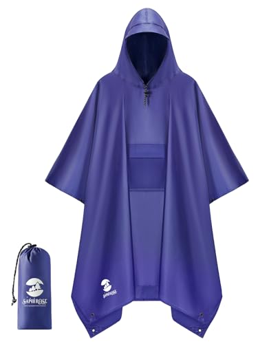 SaphiRose Extra Thick Hooded Rain Poncho Double Layer Waterproof Raincoat Jacket for Men Women Adults - color: Blue