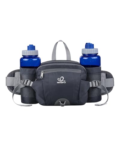 WATERFLY Fanny Pack Waist Bag: Fannie Pack 2 Water Bottle Holders Lumbar Belt Hiking Walking Running Jogging Camping Large Woman Man (Bottle Not Included) - color: Dark Blue