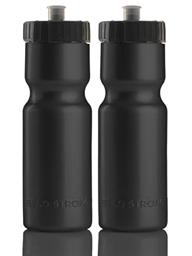 Bike Water Bottle Holder & Bottle Combo – 2-Pack 22 oz Sports Squeeze Bottles with Pull Top Cap & Easy-Install Bike Cage – Made in USA – 50 Strong Brand - color: Black Bottle + Cage