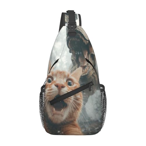 Horse Sling Bag Crossbody Backpack Lightweight Chest Bag Casual Travel Daypack For Work Daily Commute And Short Trips - color: Cat Selfie With Dinosaur