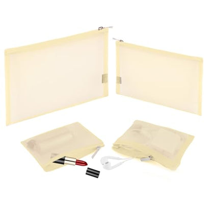 EASYFUN Mesh Pouch, Make up Bag with Zipper Cosmetic Organizer Pouch for Daily or Travel to Keep Small Items, 4 PCS Champagne - color: Champagne